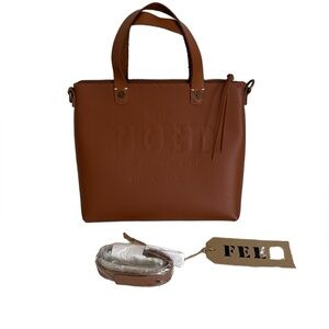 FEED PROJECTS tan leather small tote handbag crossbody strap as new condition